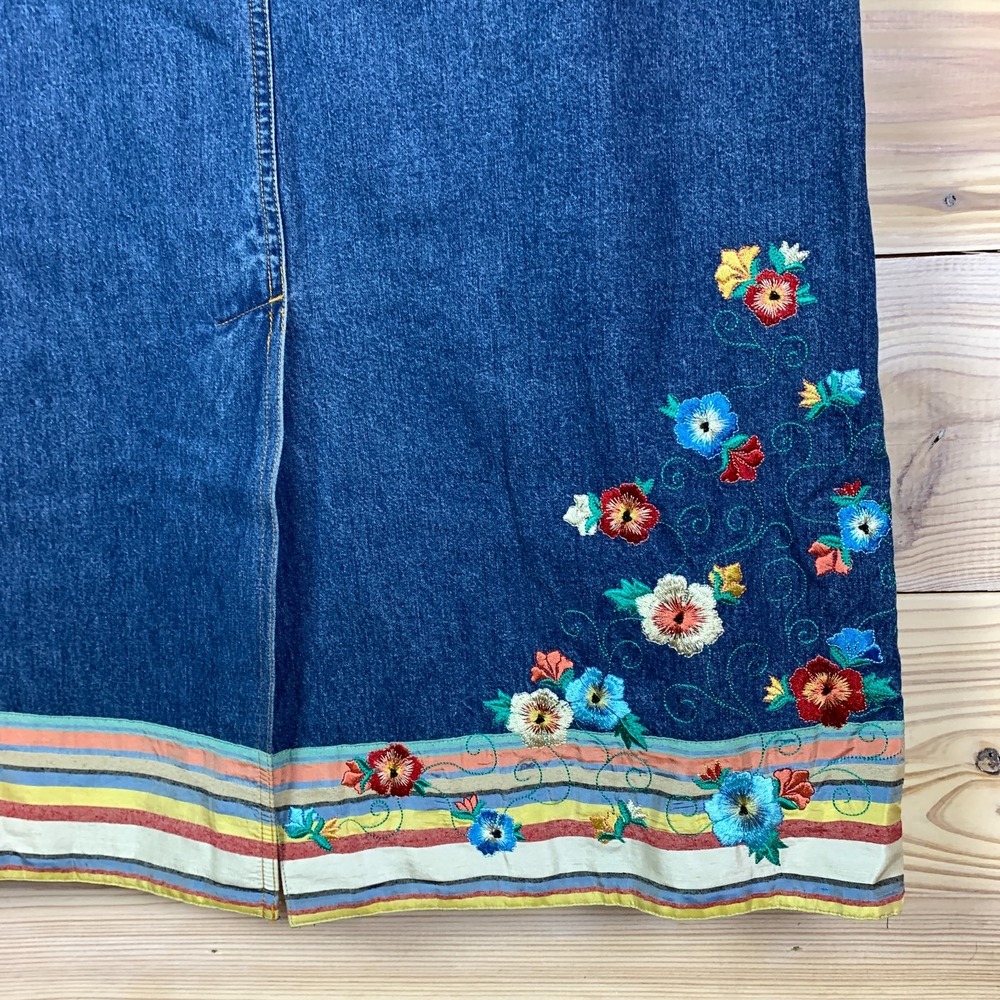 Vtg 90s August Max 1 Maxi Denim Skirt Embroidered Flowers Cottage Modest - Picture 9 of 13